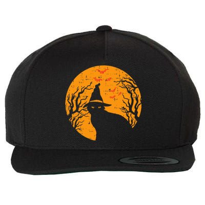 Vintage Halloween Black Cat Witch Moon Wool Snapback Cap