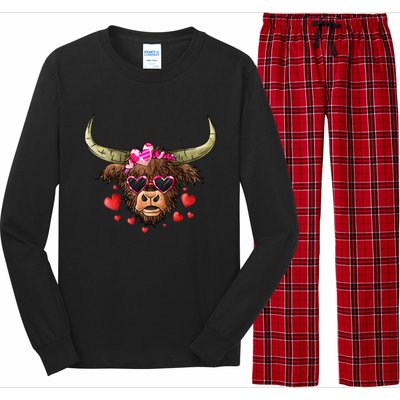 Valentines Highland Cow With Hearts Bandana And Glasses Gift Long Sleeve Pajama Set