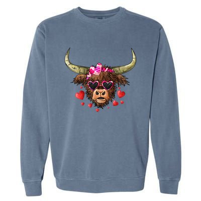 Valentines Highland Cow With Hearts Bandana And Glasses Gift Garment-Dyed Sweatshirt