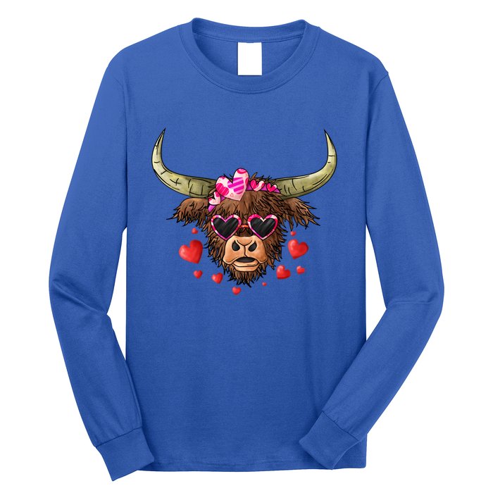 Valentines Highland Cow With Hearts Bandana And Glasses Gift Long Sleeve Shirt