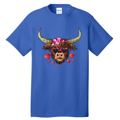 Valentines Highland Cow With Hearts Bandana And Glasses Gift Tall T-Shirt