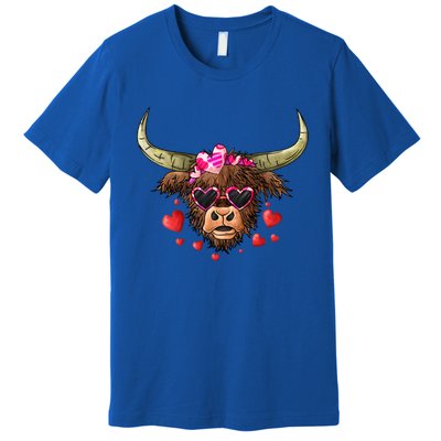 Valentines Highland Cow With Hearts Bandana And Glasses Gift Premium T-Shirt