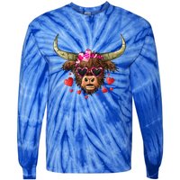 Valentines Highland Cow With Hearts Bandana And Glasses Gift Tie-Dye Long Sleeve Shirt