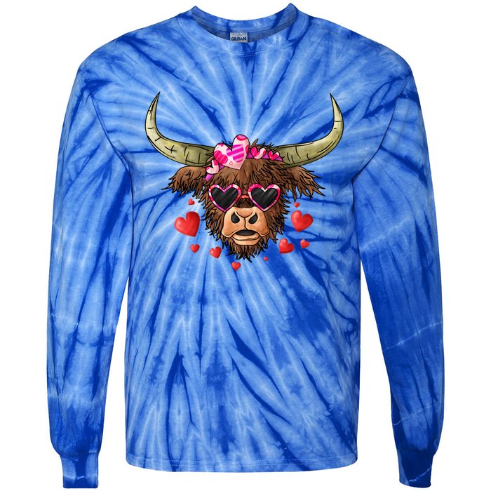 Valentines Highland Cow With Hearts Bandana And Glasses Gift Tie-Dye Long Sleeve Shirt