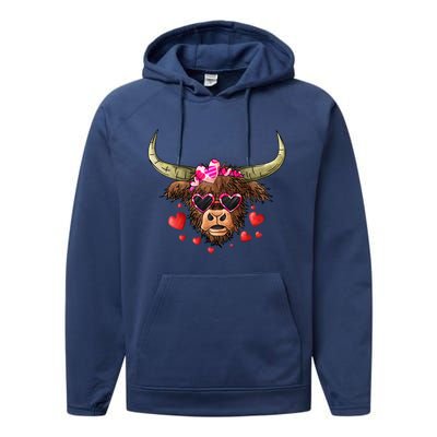 Valentines Highland Cow With Hearts Bandana And Glasses Gift Performance Fleece Hoodie