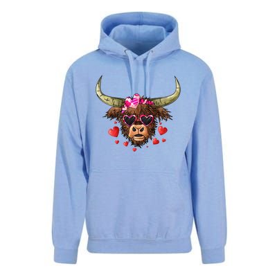 Valentines Highland Cow With Hearts Bandana And Glasses Gift Unisex Surf Hoodie