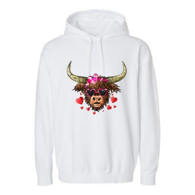 Valentines Highland Cow With Hearts Bandana And Glasses Gift Garment-Dyed Fleece Hoodie