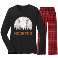 Vintage Houston Cityscape Baseball Lover Player And Fans Women's Long Sleeve Flannel Pajama Set 