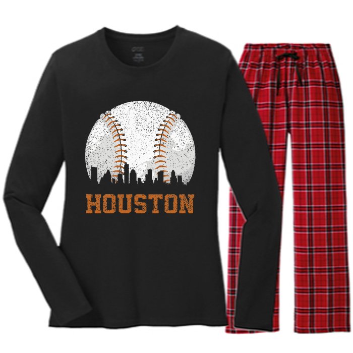 Vintage Houston Cityscape Baseball Lover Player And Fans Women's Long Sleeve Flannel Pajama Set 