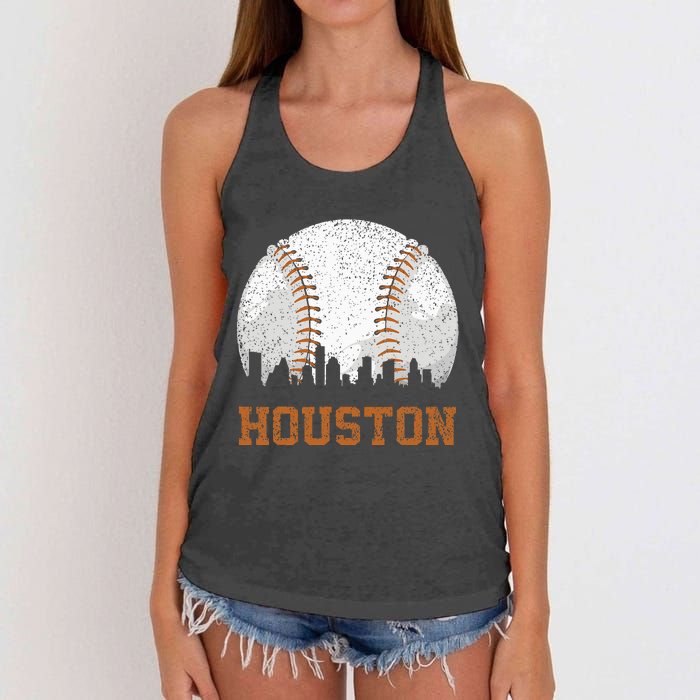 Vintage Houston Cityscape Baseball Lover Player And Fans Women's Knotted Racerback Tank