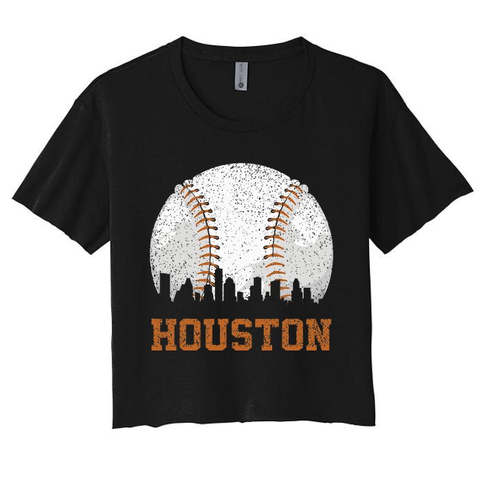 Vintage Houston Cityscape Baseball Lover Player And Fans Women's Crop Top Tee