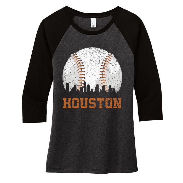 Vintage Houston Cityscape Baseball Lover Player And Fans Women's Tri-Blend 3/4-Sleeve Raglan Shirt