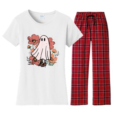 Vintage Halloween Costume Spooky Retro Cute Floral Ghost Women's Flannel Pajama Set