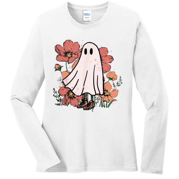 Vintage Halloween Costume Spooky Retro Cute Floral Ghost Ladies Long Sleeve Shirt