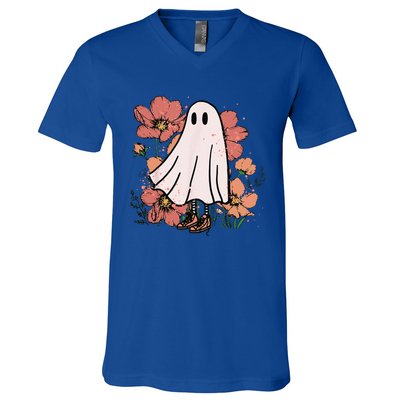 Vintage Halloween Costume Spooky Retro Cute Floral Ghost V-Neck T-Shirt