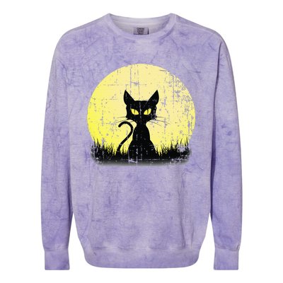 Vintage Halloween Cat Full Moon Weathered Distressed Colorblast Crewneck Sweatshirt