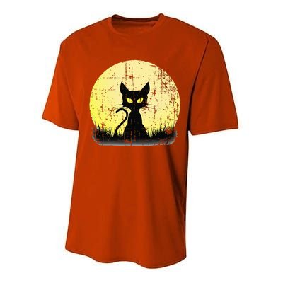 Vintage Halloween Cat Full Moon Weathered Distressed Performance Sprint T-Shirt