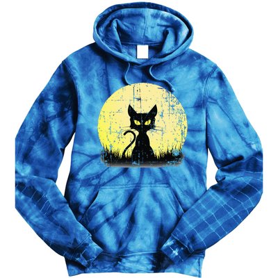 Vintage Halloween Cat Full Moon Weathered Distressed Tie Dye Hoodie