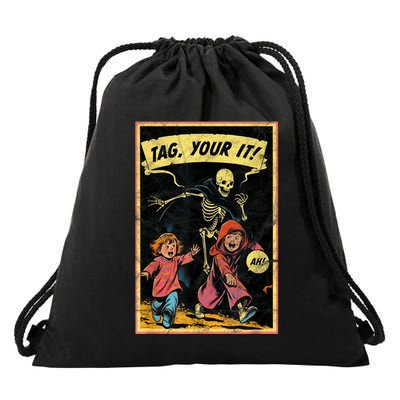 Vintage Halloween Child Game Horror Tag Your It Grim Reaper Drawstring Bag