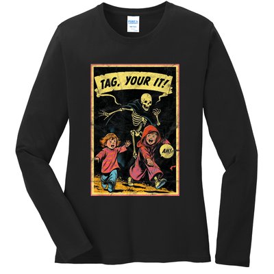 Vintage Halloween Child Game Horror Tag Your It Grim Reaper Ladies Long Sleeve Shirt