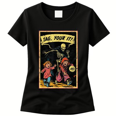 Vintage Halloween Child Game Horror Tag Your It Grim Reaper Womens T-Shirt
