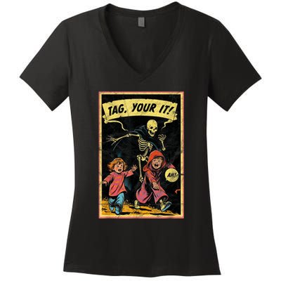 Vintage Halloween Child Game Horror Tag Your It Grim Reaper Women's V-Neck T-Shirt