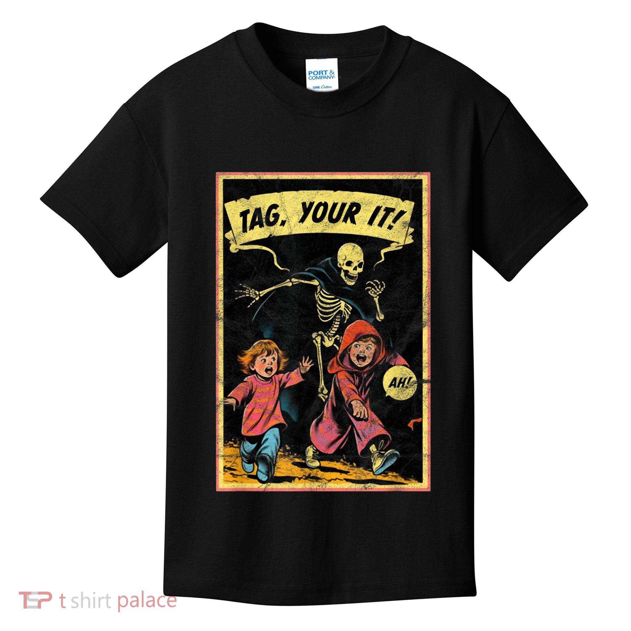 Vintage Halloween Child Game Horror Tag Your It Grim Reaper Kids T-Shirt