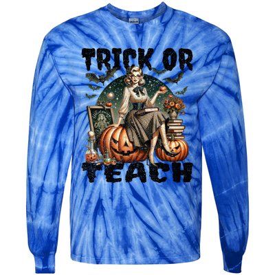 Vintage Halloween Design Trick Or Teach Funny Gift Tie-Dye Long Sleeve Shirt