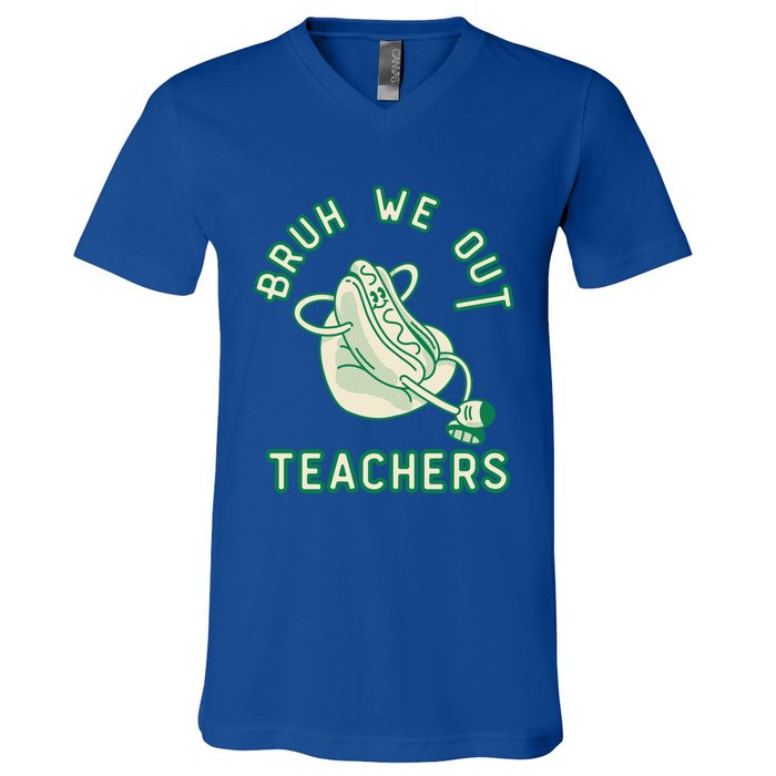 Vintage Hot Dog End Of Year Teacher Bruh We Out Teachers Gift V-Neck T-Shirt