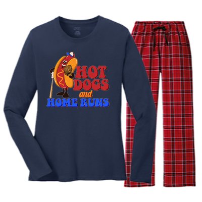 Vintage Hot Dogs And Home Runs Baseball Fan Women's Long Sleeve Flannel Pajama Set 