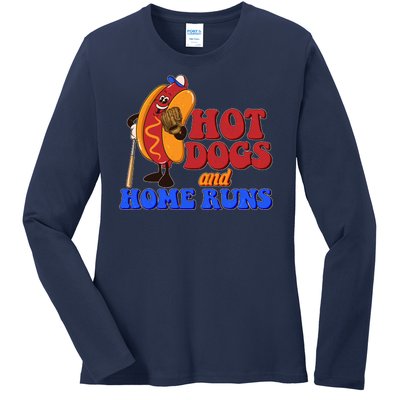 Vintage Hot Dogs And Home Runs Baseball Fan Ladies Long Sleeve Shirt