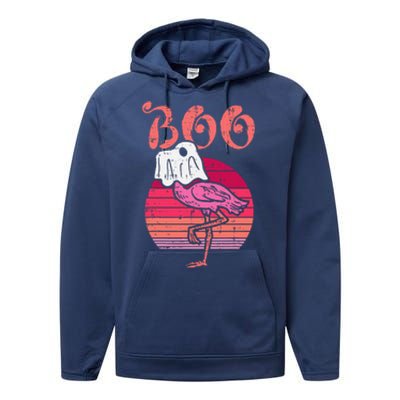 Vintage Halloween Flamingo Ghost Sunset Print Performance Fleece Hoodie