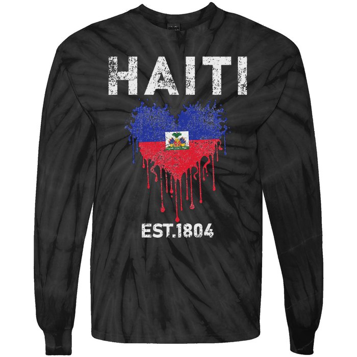 Vintage Haiti Flag Day Haitians Flag Pride Gifts Celebration Tie-Dye Long Sleeve Shirt