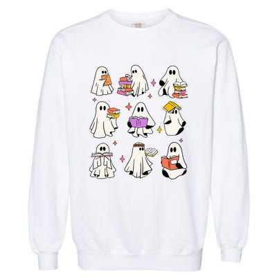 Vintage Halloween Ghost Book Lover Teacher Garment-Dyed Sweatshirt