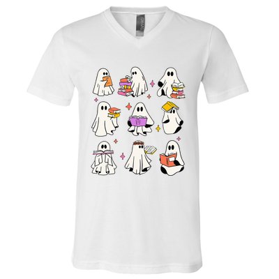 Vintage Halloween Ghost Book Lover Teacher V-Neck T-Shirt