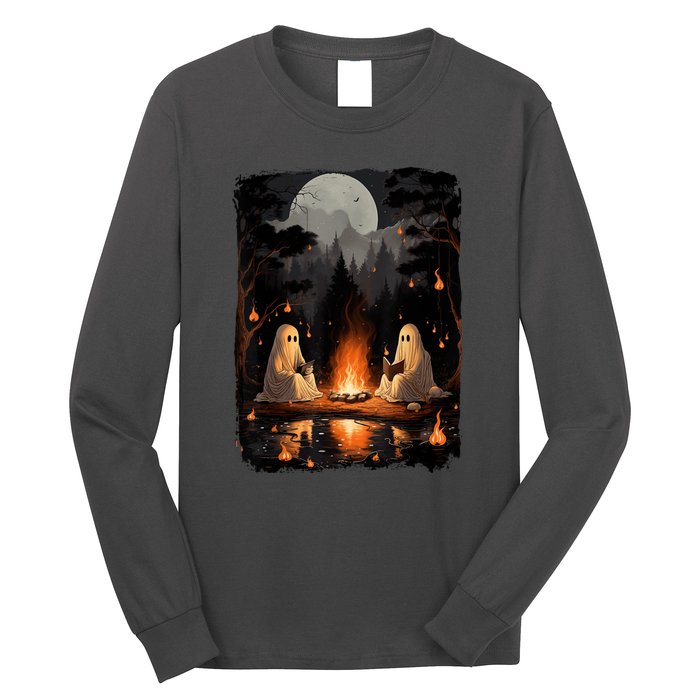 Vintage Halloween Ghost Book Reading Camping Teachers Gift Long Sleeve Shirt