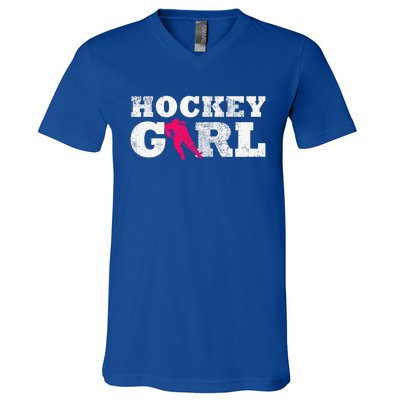 Vintage Hockey Girl Player Silhouette Sport V-Neck T-Shirt