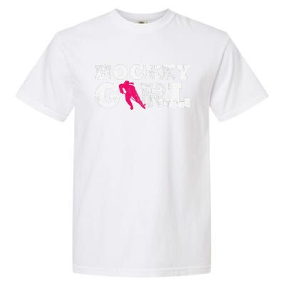 Vintage Hockey Girl Player Silhouette Sport Garment-Dyed Heavyweight T-Shirt