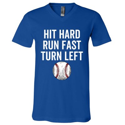 Vintage Hit Hard Run Fast Turn Left Baseball Funny Sport Gift V-Neck T-Shirt