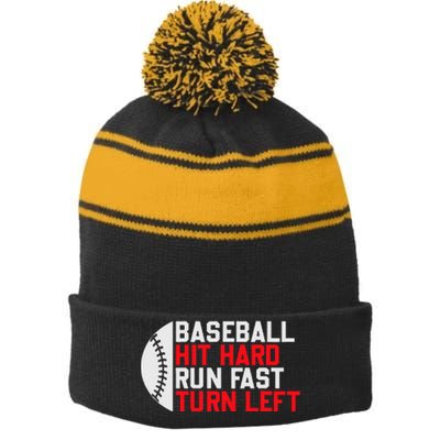 Vintage Hit Hard Run Fast Turn Left Baseball Funny Sport Stripe Pom Pom Beanie