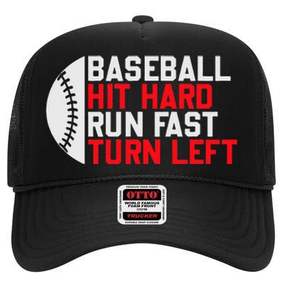 Vintage Hit Hard Run Fast Turn Left Baseball Funny Sport High Crown Mesh Back Trucker Hat