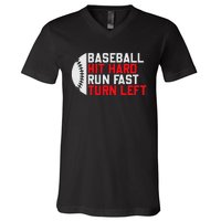 Vintage Hit Hard Run Fast Turn Left Baseball Funny Sport V-Neck T-Shirt