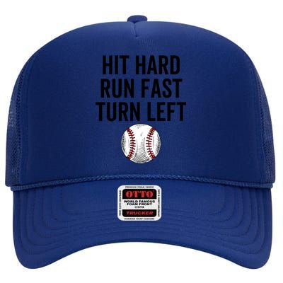 Vintage Hit Hard Run Fast Turn Left Baseball Funny Sport Gift High Crown Mesh Back Trucker Hat