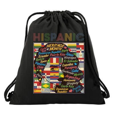 Vintage Hispanic Heritage Month Latina Woman Country Flags Drawstring Bag