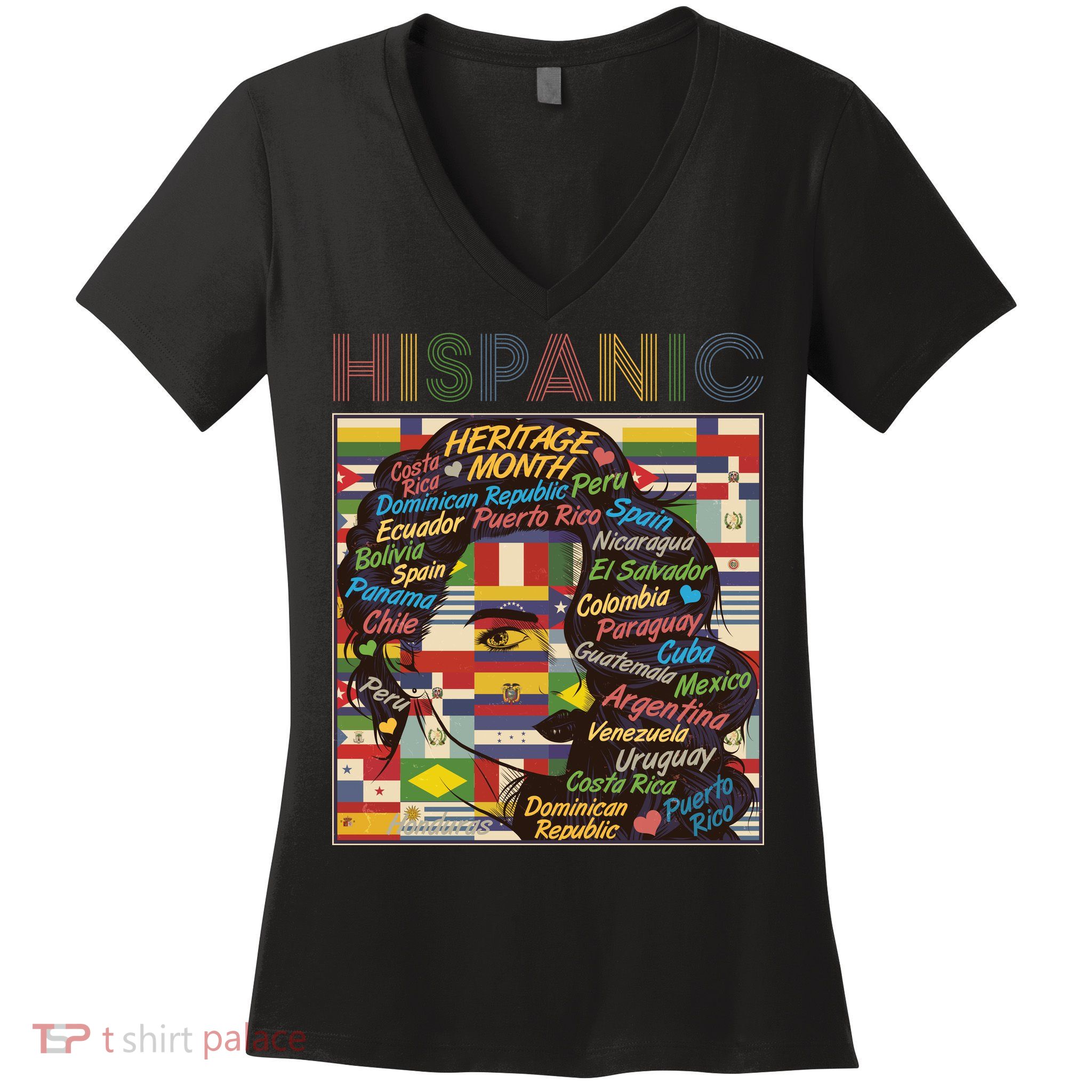 Vintage Hispanic Heritage Month Latina Woman Country Flags Women's V-Neck T-Shirt