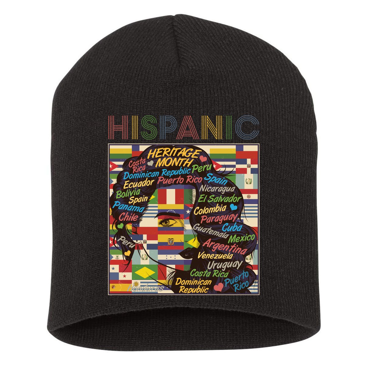 Vintage Hispanic Heritage Month Latina Woman Country Flags Short Acrylic Beanie