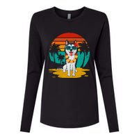 Vintage Husky Hawaiian Summer Vacation Tropical Dog Lover Womens Cotton Relaxed Long Sleeve T-Shirt