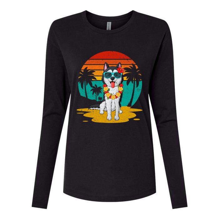 Vintage Husky Hawaiian Summer Vacation Tropical Dog Lover Womens Cotton Relaxed Long Sleeve T-Shirt