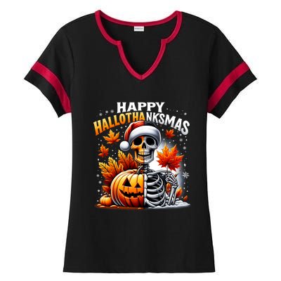 Vintage Halloween Merry Christmas Happy Hallothanksmas Ladies Halftime Notch Neck Tee