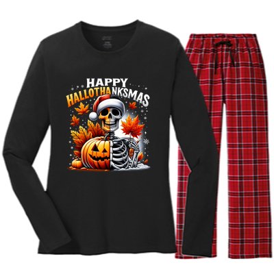 Vintage Halloween Merry Christmas Happy Hallothanksmas Women's Long Sleeve Flannel Pajama Set 